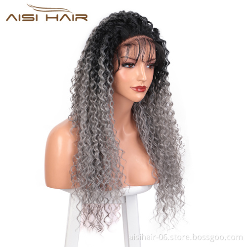 Aisi Hair Long Wavy Ombre Gray Dark Root Wig 13x6 Kinky Curly Wave Lace Frontal Wig Cosplay Front Lace Hair Wigs For Black Women